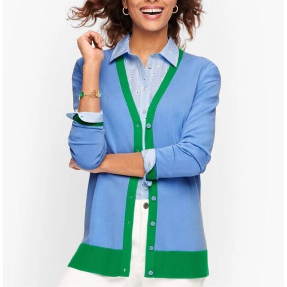 Talbots Girlfriend Cardigan Sweater Large Blue Green Colorblock V-Neck Cotton L - Picture 1 of 12